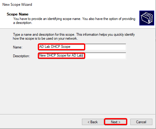 name and description of new dhcp scope