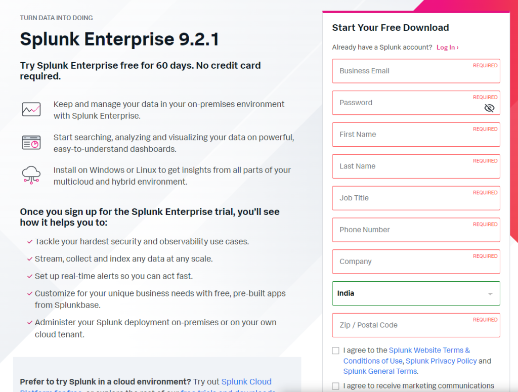 Splunk Enterprise account registration