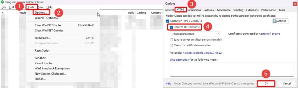 Decrypt HTTPS traffic in fiddler