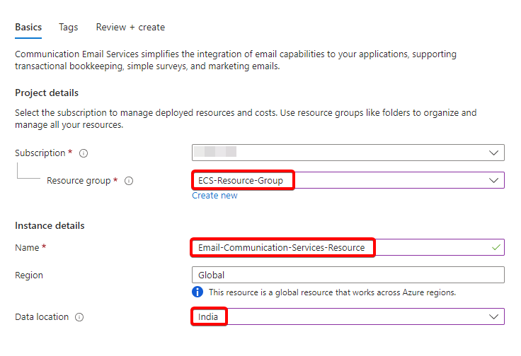 Email communication Services creation setting