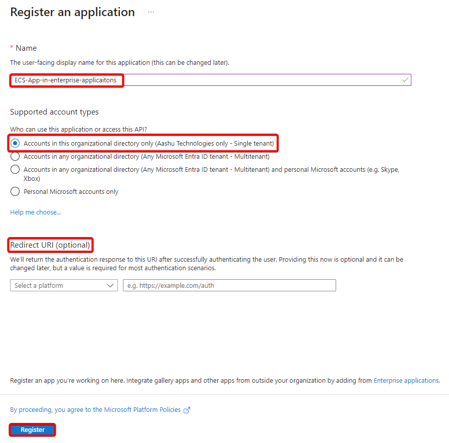 App registration in Microsoft Entra Enterprise Application.